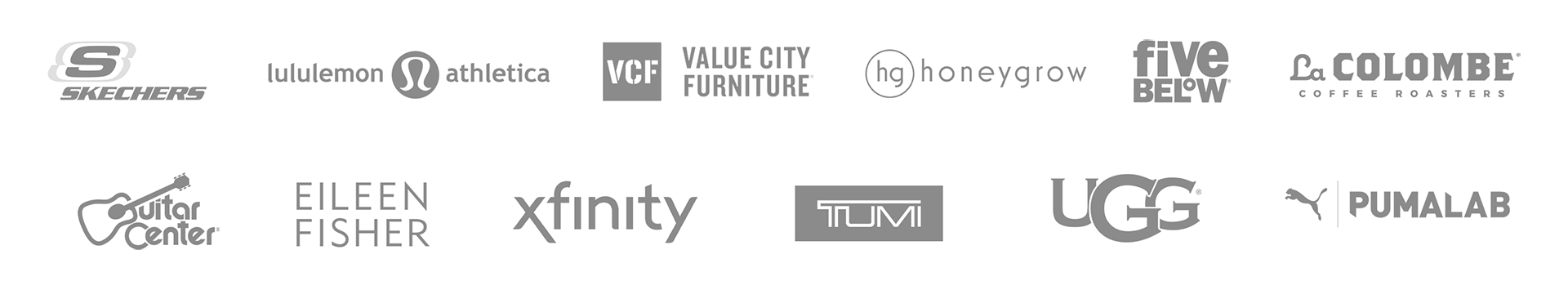 Logo's van klanten: Skechers, lululemon, Value City Furniture, honeygrow, Five Below, La Colombe, Guitar Center, Eileen Fisher, Xfinity, TUMI, UGG, PUMALAB