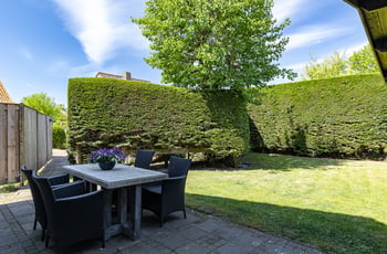Terras met eettafel en groene haag